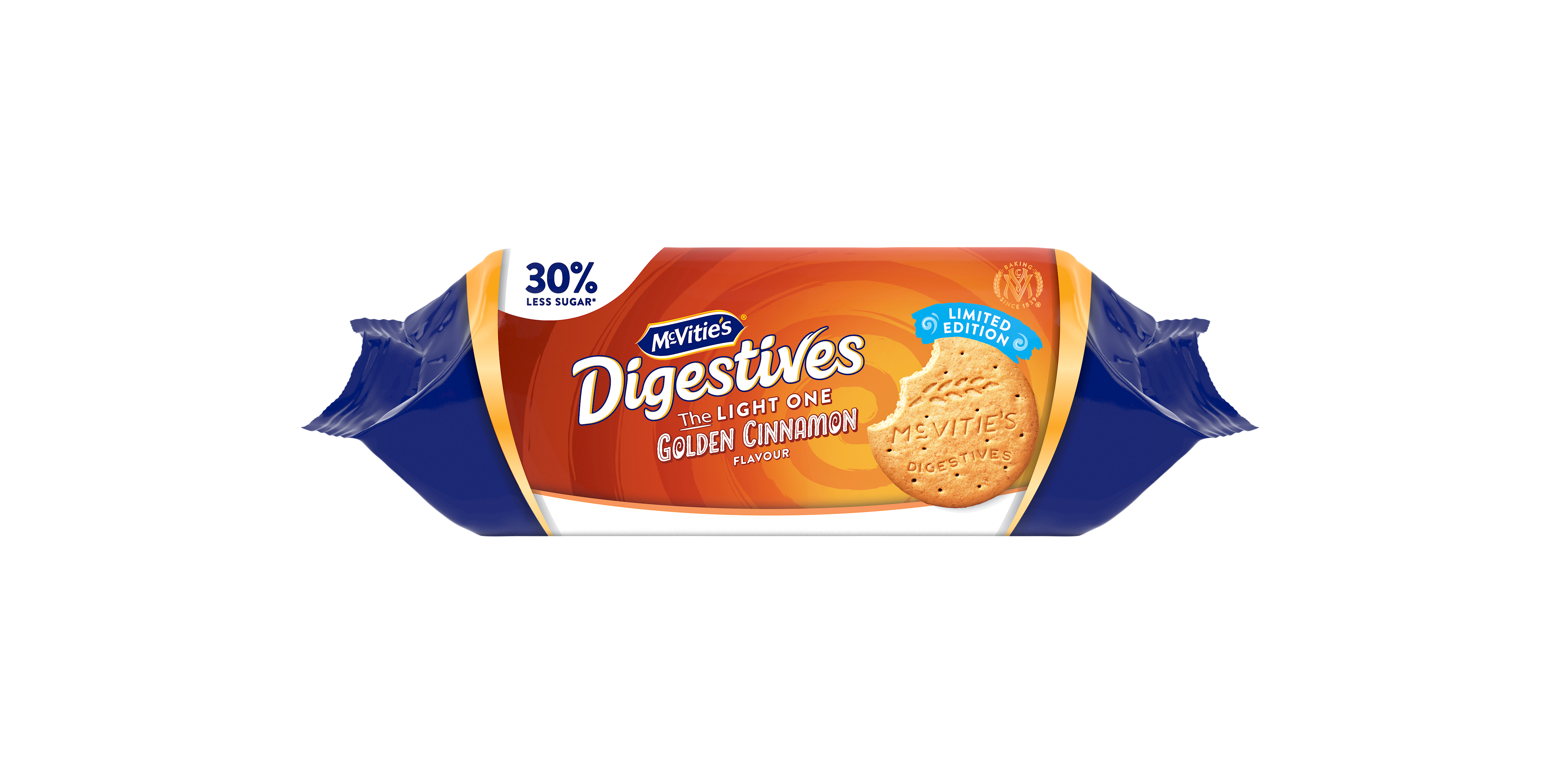 Packshot of McVitie's new Golden Cinnamon flavour Digestive biscuit, which features 30% less sugar