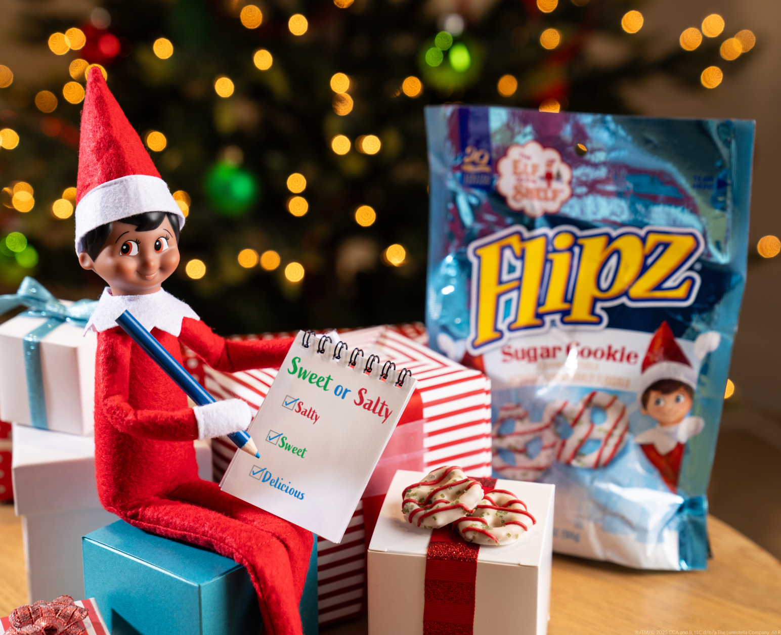 Smiling elf holds a pencil and paper on which ticks have been put next to boxes marked Sweet, Salty and Delicious. A packet