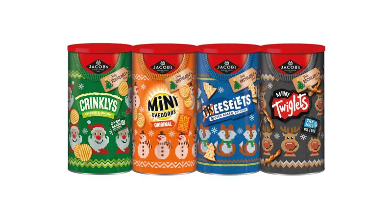 Jacob's Christmas caddies, including Mini Cheddars Crinklys, Mini Cheddars Originals, Treeselets and Mini Twiglets